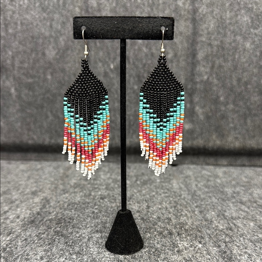 Black and Blue Beaded Chevron Earrings